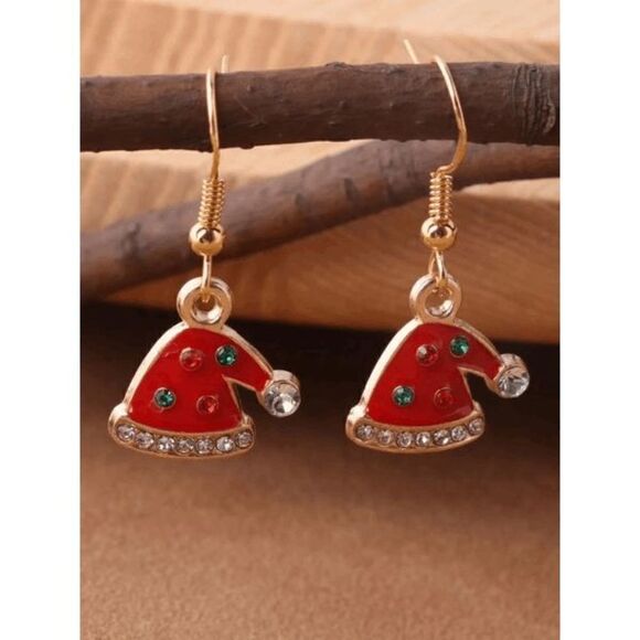 GOLD DIAMOND RED CHRISTMAS SANTA HAT DANGLE EARRINGS - Picture 1 of 6